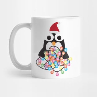 Cute Cartoon Penguin with Santa Hat and Colorful Light Bunting Mug